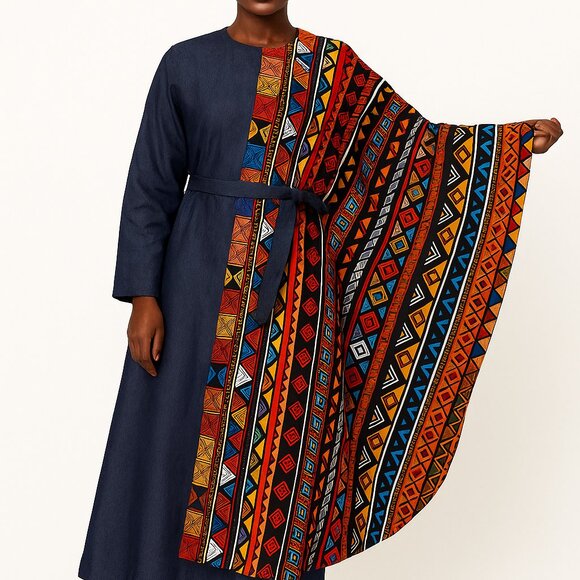 African Print Capelet and Denim Belted Dress One Size (4-24) - Picture 1 of 4